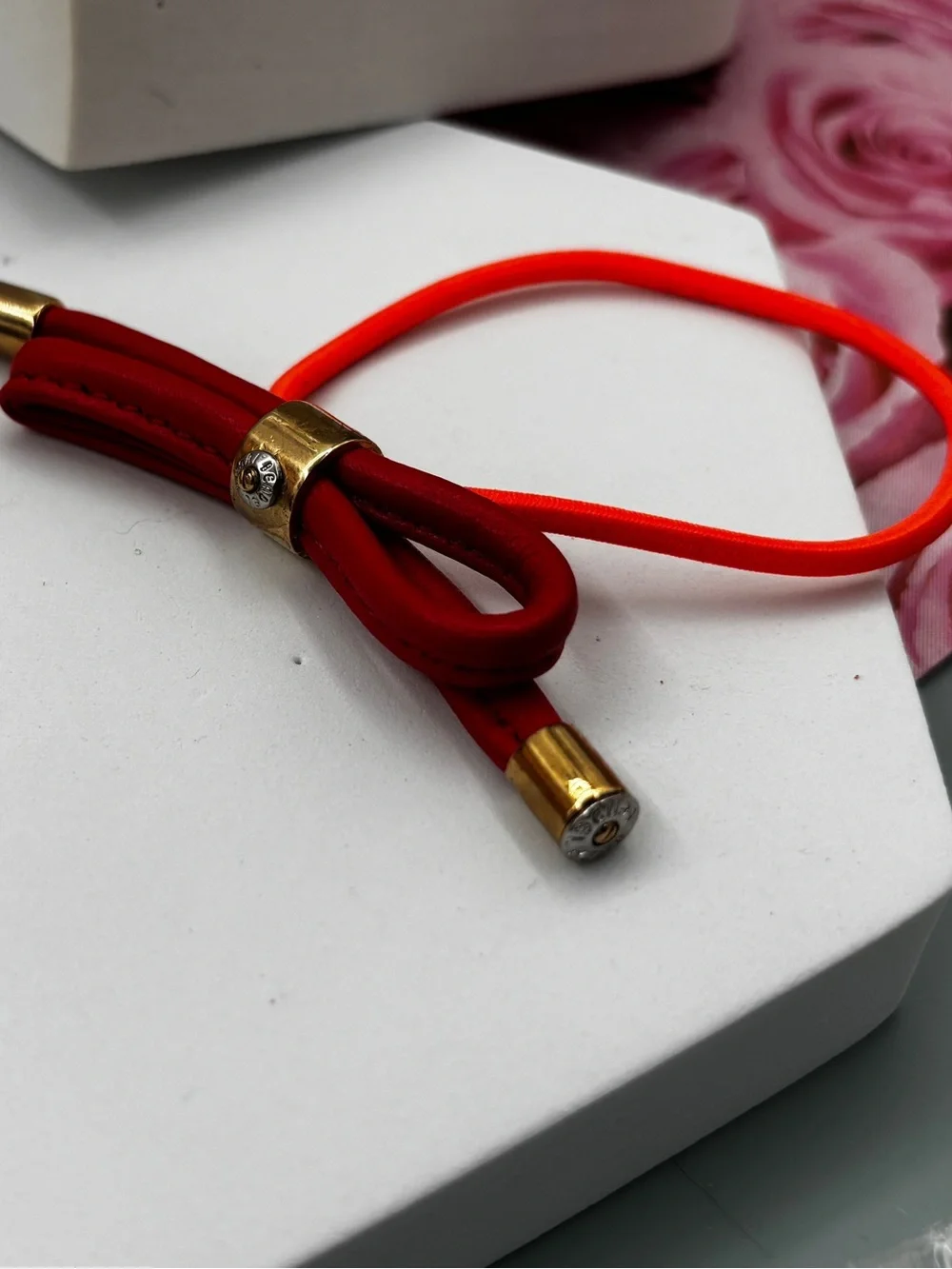 Henri Bendel Gold Tone leather bow Iconic Signed Hair Tie Pony-tail Holder